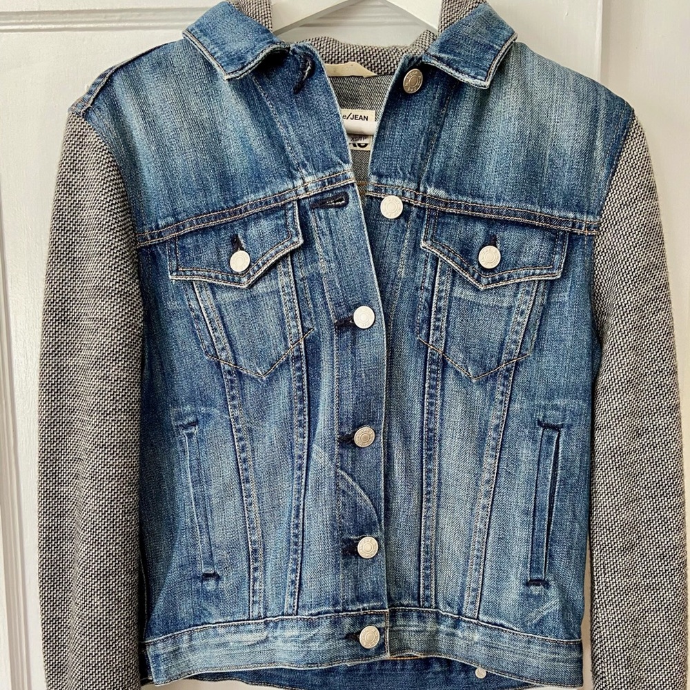 Rag and Bone denim jacket with knit hood & sleeves